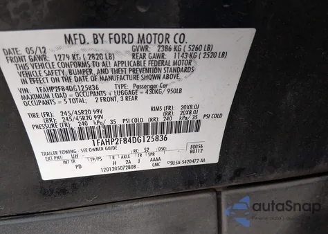 2013 Ford Taurus Limited z USA, uszkodzony, nr VIN 1FAHP2F84DG125836